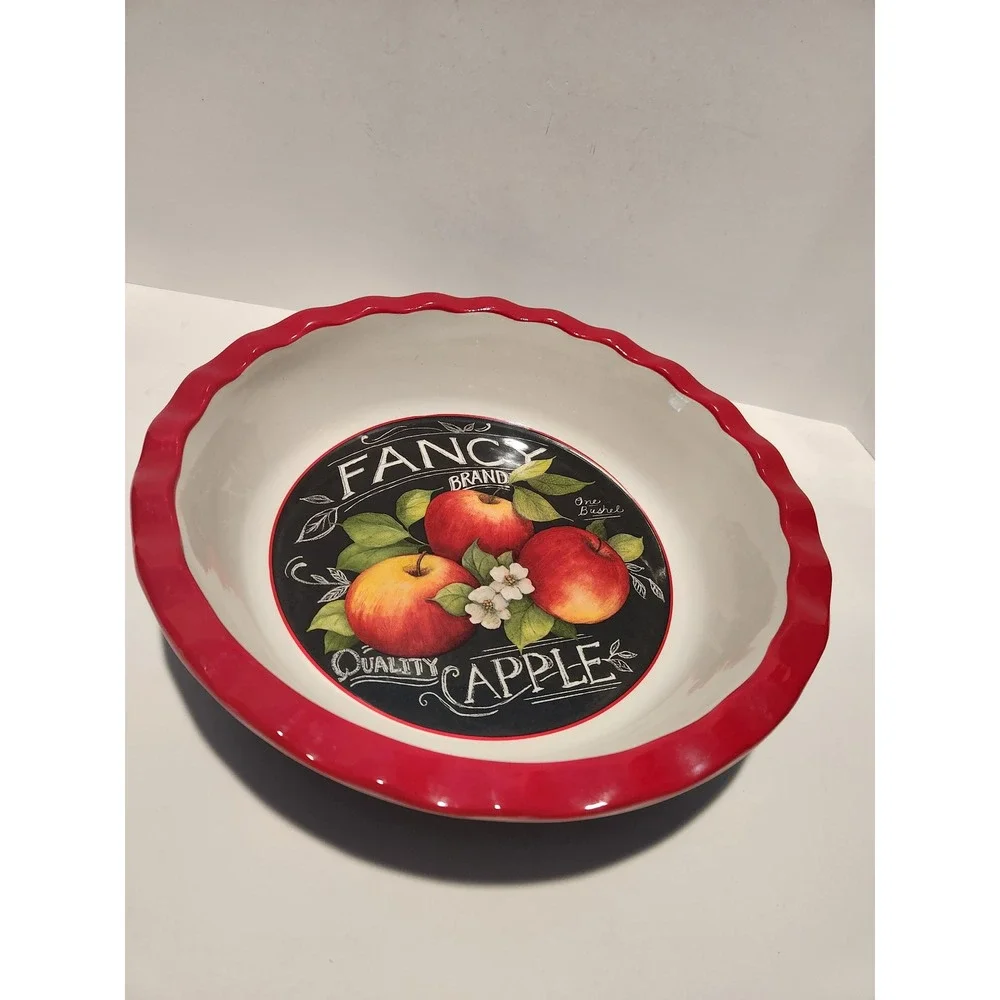 Cracker Barrel Fancy Brand Apple Ceramic Pie Dish Red Ruffled Rim Black 10.5 in